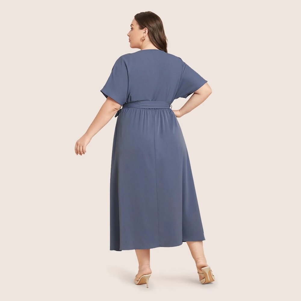 NWT BloomChic StonePlain Dolman Sleeve Pocket Belted Surplice Neck Flutter Dress - Picture 5 of 8